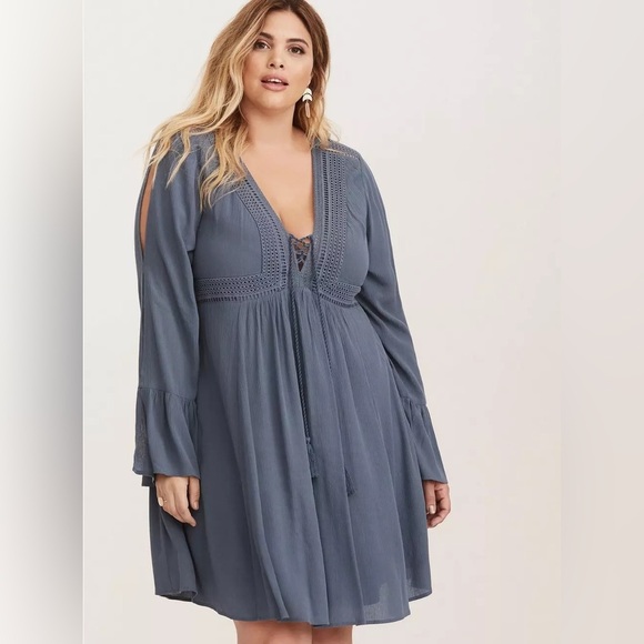 torrid Dresses & Skirts - Torrid Gauze Lace Up Skater Dress Women’s Size 2X 18-20 Blue Bohemian Boho Flowy